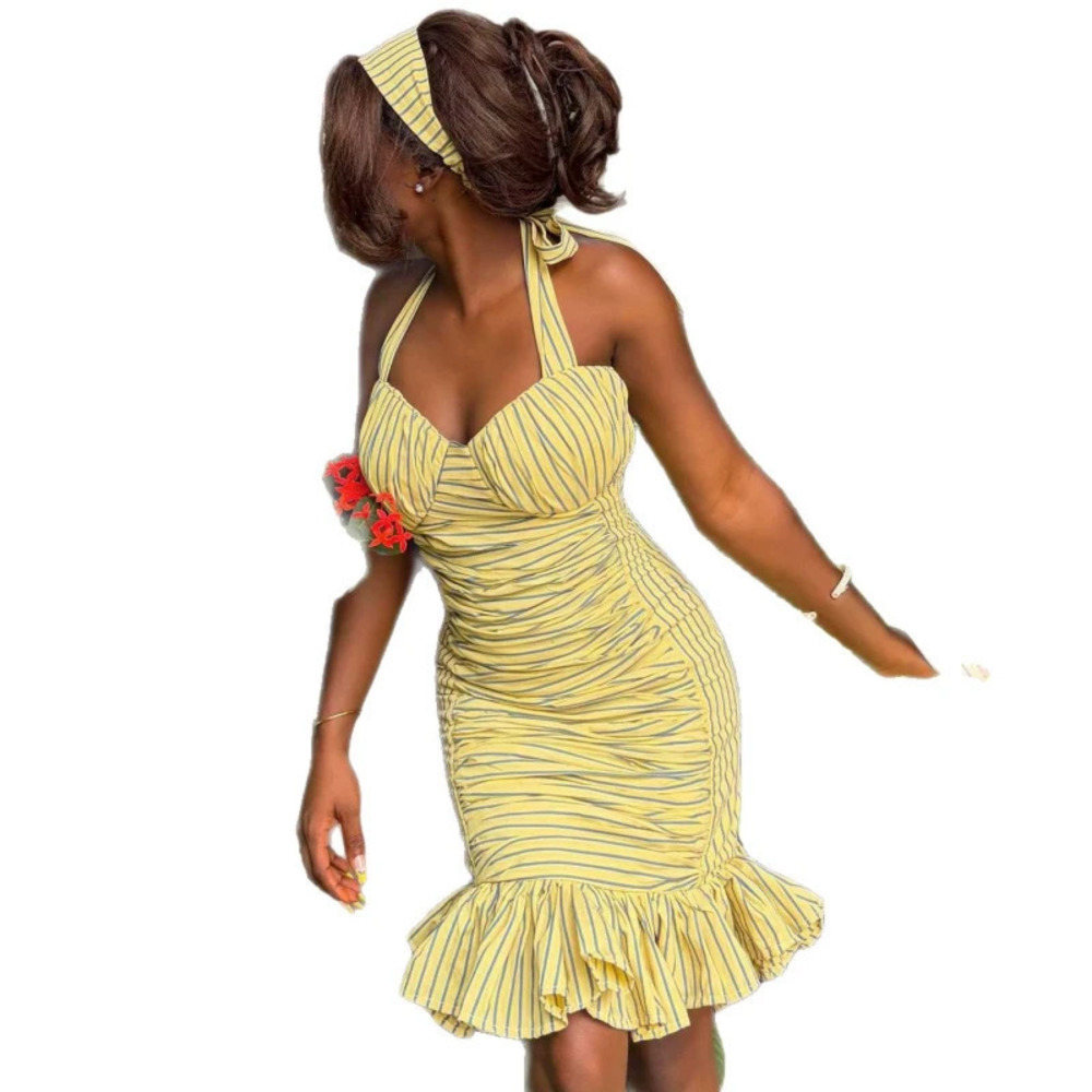 ZARA Sexy Bodycon Strapless Striped Print Dress African Style Mermaid Hem